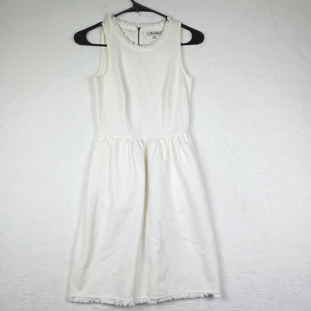 Madewell Womens XXS Cream Frayed Trim Sleeveless Fit Flare Mini Dress Off White